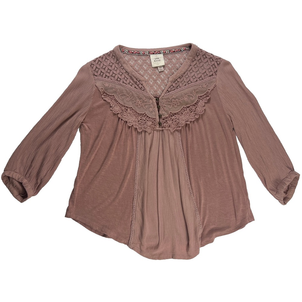 Knox Rose Women's Blouse Shirt Mauve Pink Lace Crochet Yoke Boho Peasant XS
